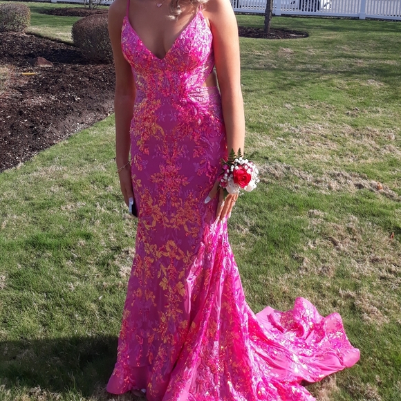 ellie wilde Hot Pink and Gold Embroidered Prom Gown